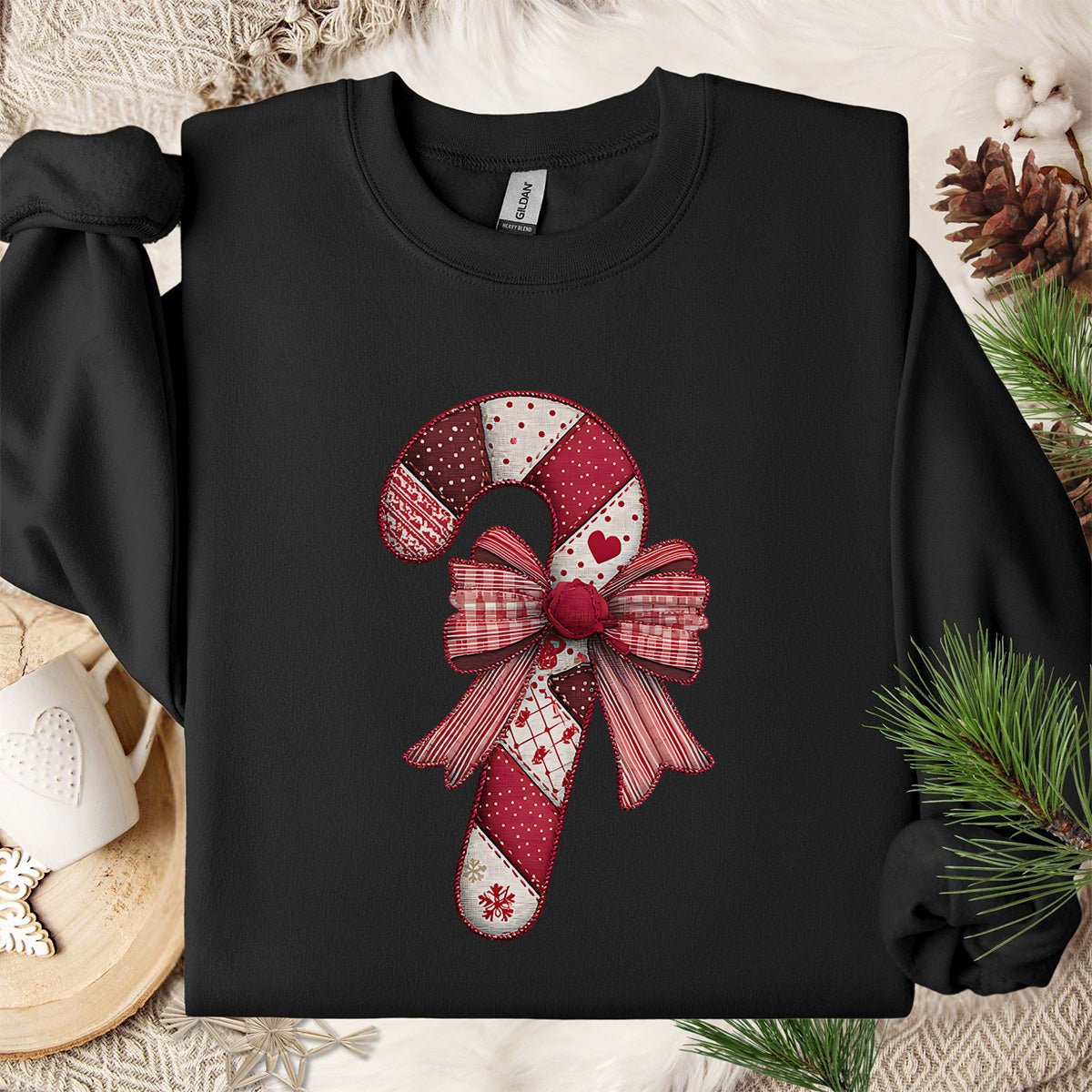 Faux Patchwork Candy Cane Bow Sweatshirt