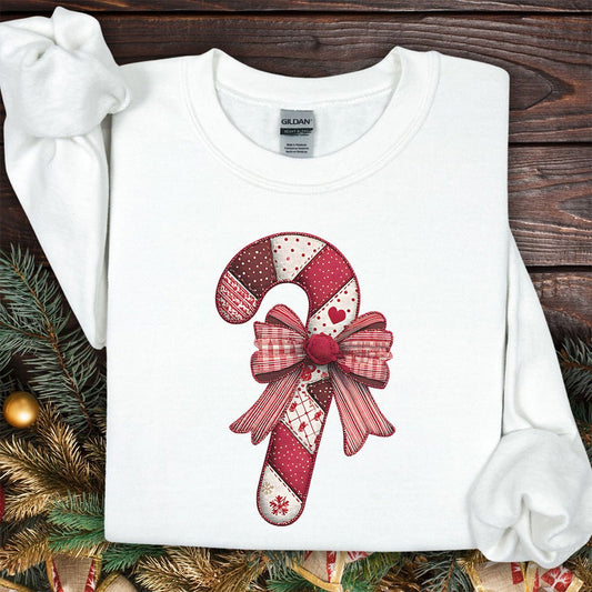 Faux Patchwork Candy Cane Bow Sweatshirt