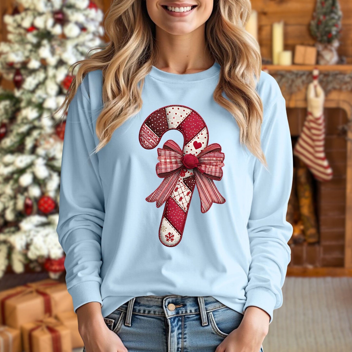 Faux Patchwork Candy Cane Long Sleeve Tee