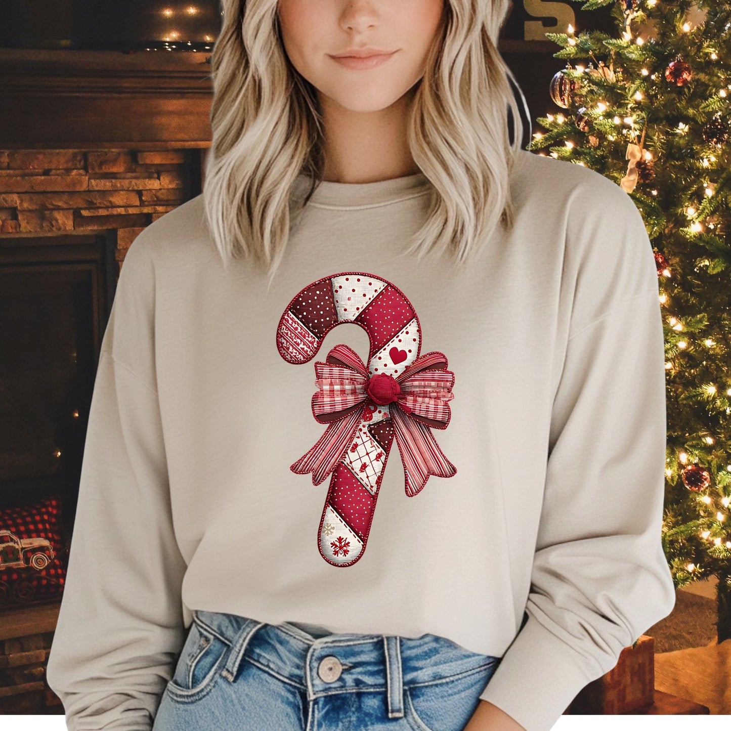 Faux Patchwork Candy Cane Long Sleeve Tee