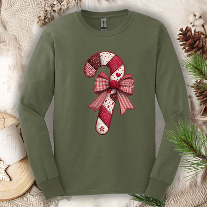 Military Green long sleeve tee with a faux patchwork candy cane and red bow.