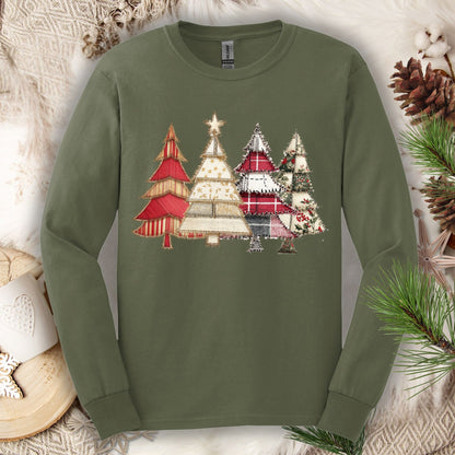 Faux Patchwork Christmas Trees Long Sleeve Tee