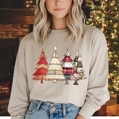 Faux Patchwork Christmas Trees Long Sleeve Tee