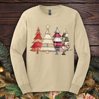 Faux Patchwork Christmas Trees Long Sleeve Tee