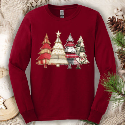 Faux Patchwork Christmas Trees Long Sleeve Tee