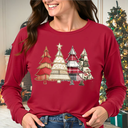 Faux Patchwork Christmas Trees Long Sleeve Tee