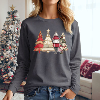 Faux Patchwork Christmas Trees Long Sleeve Tee