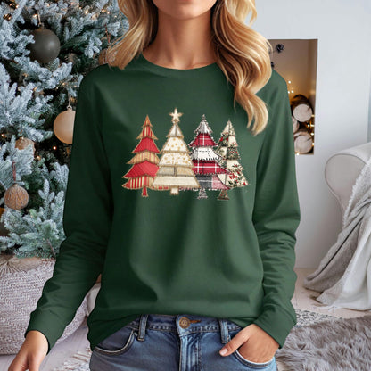 Faux Patchwork Christmas Trees Long Sleeve Tee