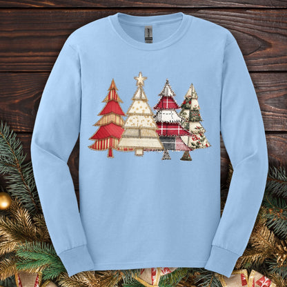 Faux Patchwork Christmas Trees Long Sleeve Tee