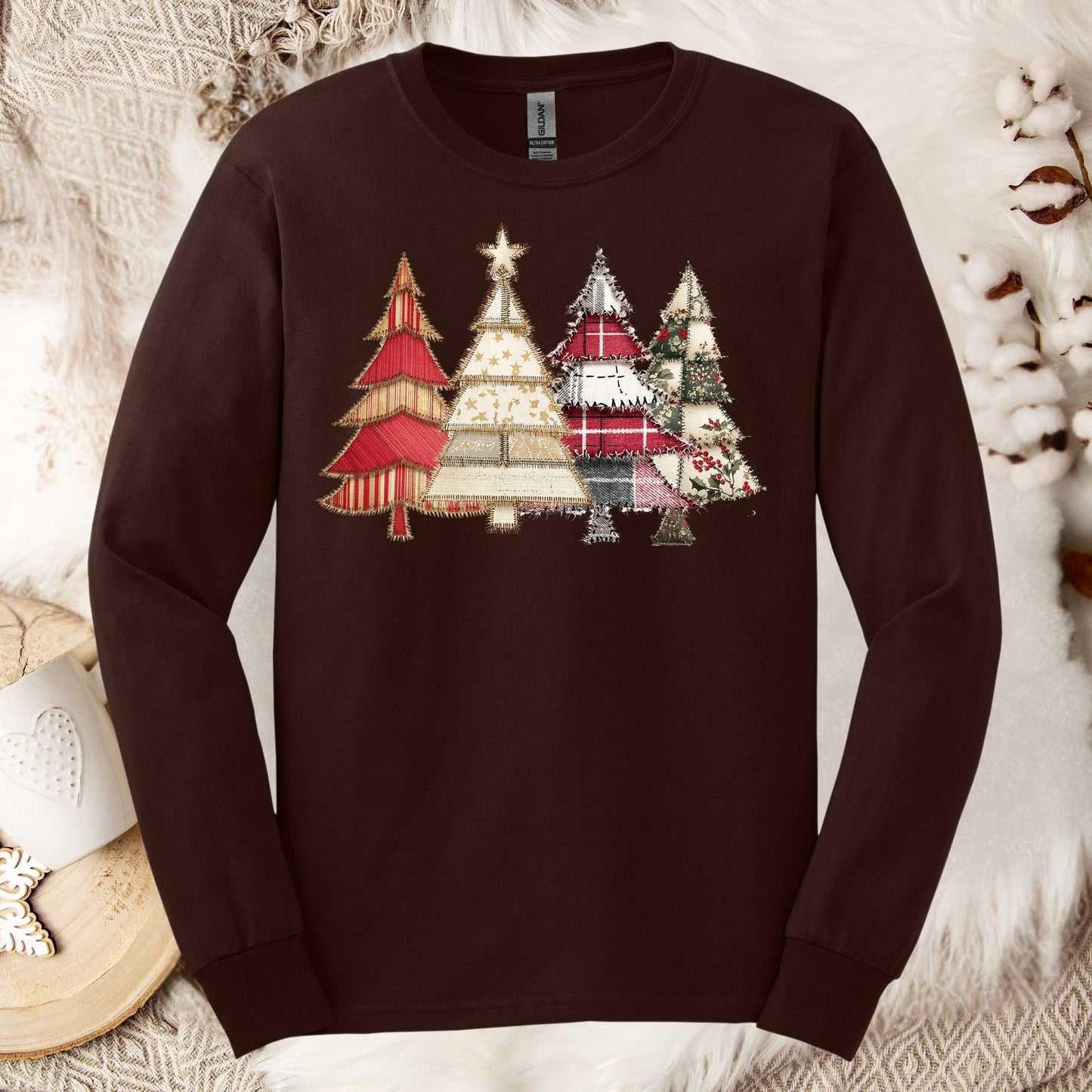 Faux Patchwork Christmas Trees Long Sleeve Tee