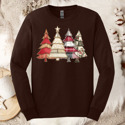 Faux Patchwork Christmas Trees Long Sleeve Tee