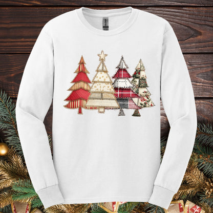White long sleeve tee with a rustic faux patchwork Christmas tree design in reds, greens, and neutrals.