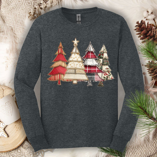 Faux Patchwork Christmas Trees Long Sleeve Tee