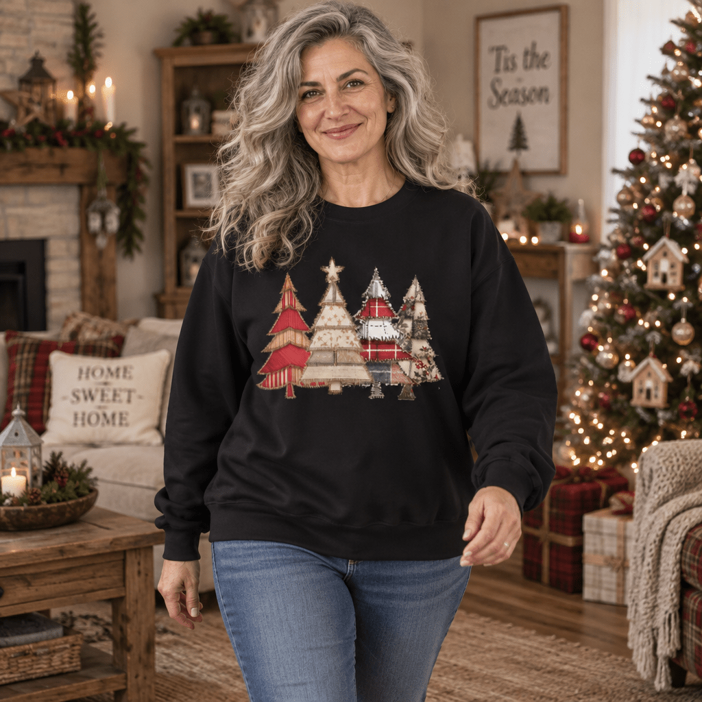 Faux Patchwork Christmas Trees Sweatshirt