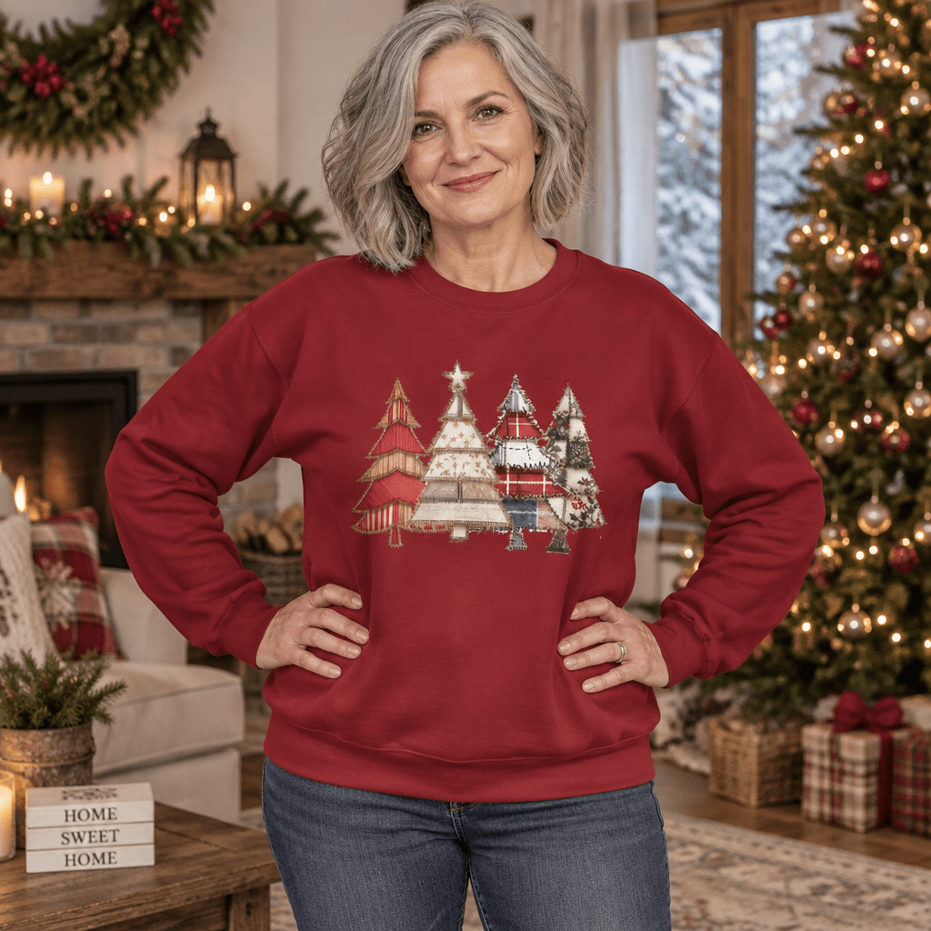 Faux Patchwork Christmas Trees Sweatshirt