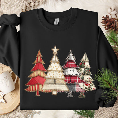 Black Gildan sweatshirt with a faux patchwork print of four Christmas trees in rustic earth tones.