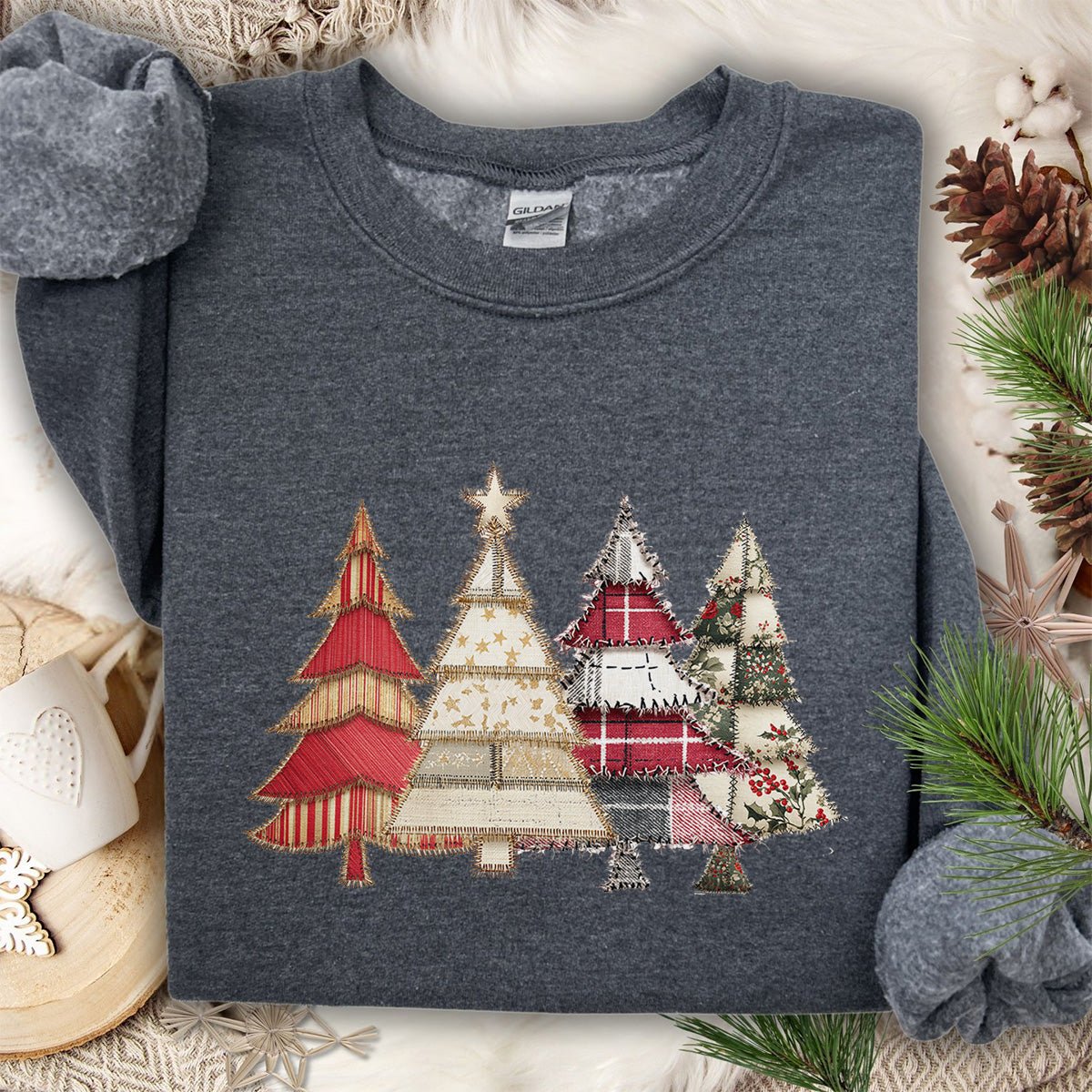 Faux Patchwork Christmas Trees Sweatshirt