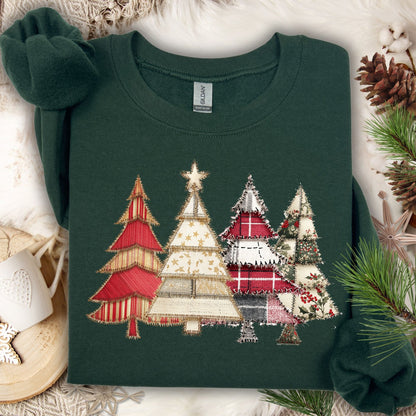Forest Green Gildan sweatshirt with a faux patchwork Christmas tree print in rustic earth tones.