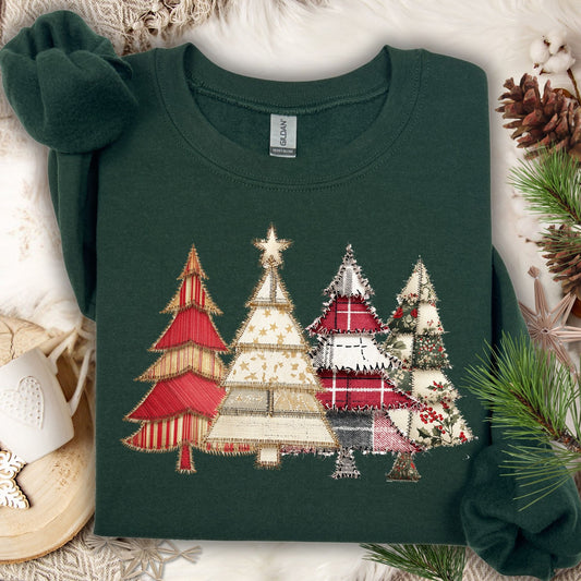 Forest Green Gildan sweatshirt with a faux patchwork Christmas tree print in rustic earth tones.