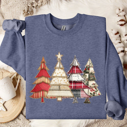 Heather Sport Dark Navy sweatshirt with a faux patchwork print of four rustic Christmas trees.