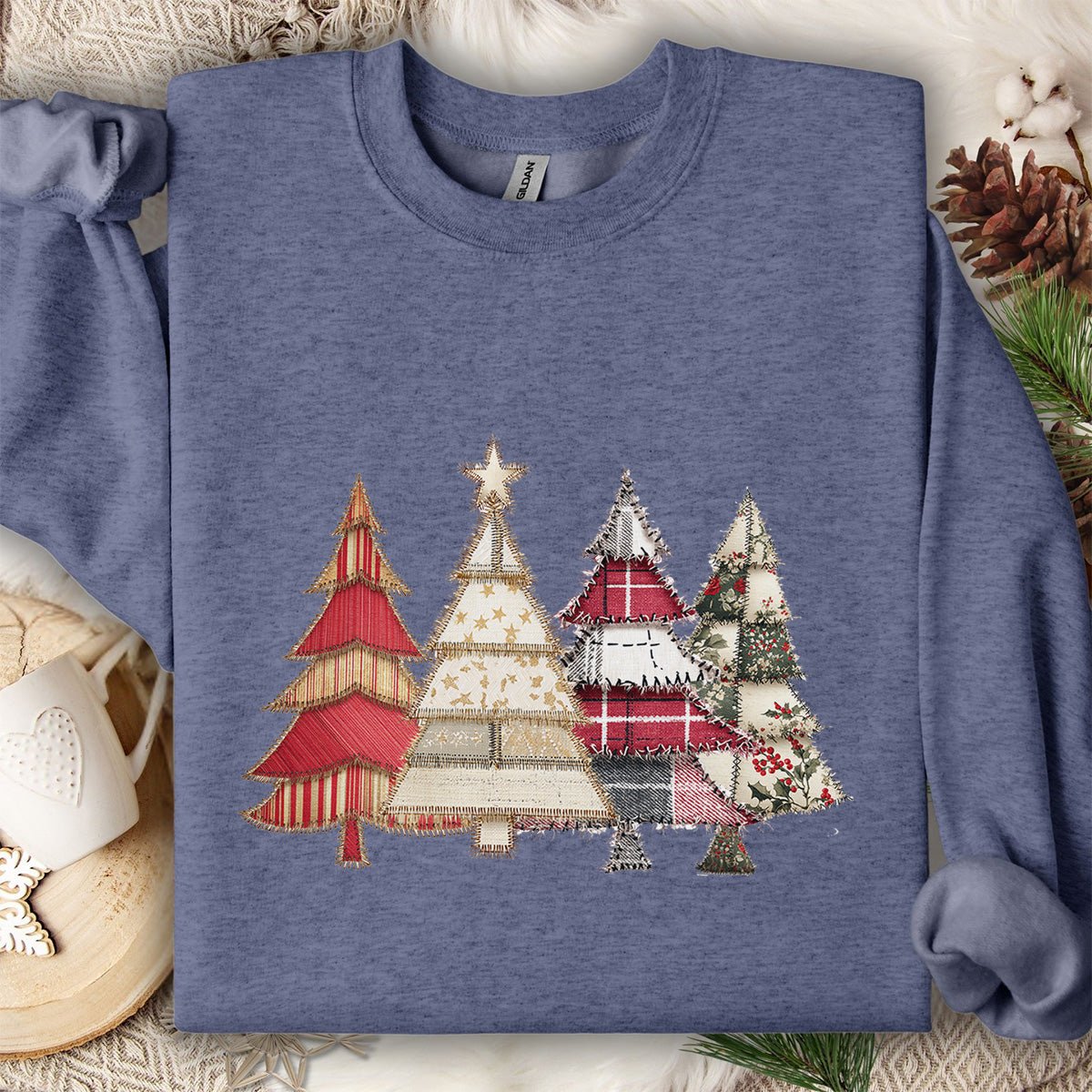 Faux Patchwork Christmas Trees Sweatshirt