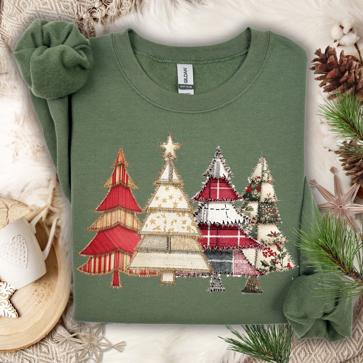 Military Green Gildan sweatshirt with a faux patchwork print of four rustic Christmas trees.