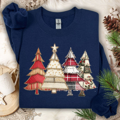 Navy sweatshirt with a faux patchwork print of four rustic Christmas trees.