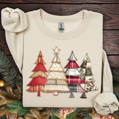 Sand Gildan sweatshirt with a printed quilted patchwork of four Christmas trees.