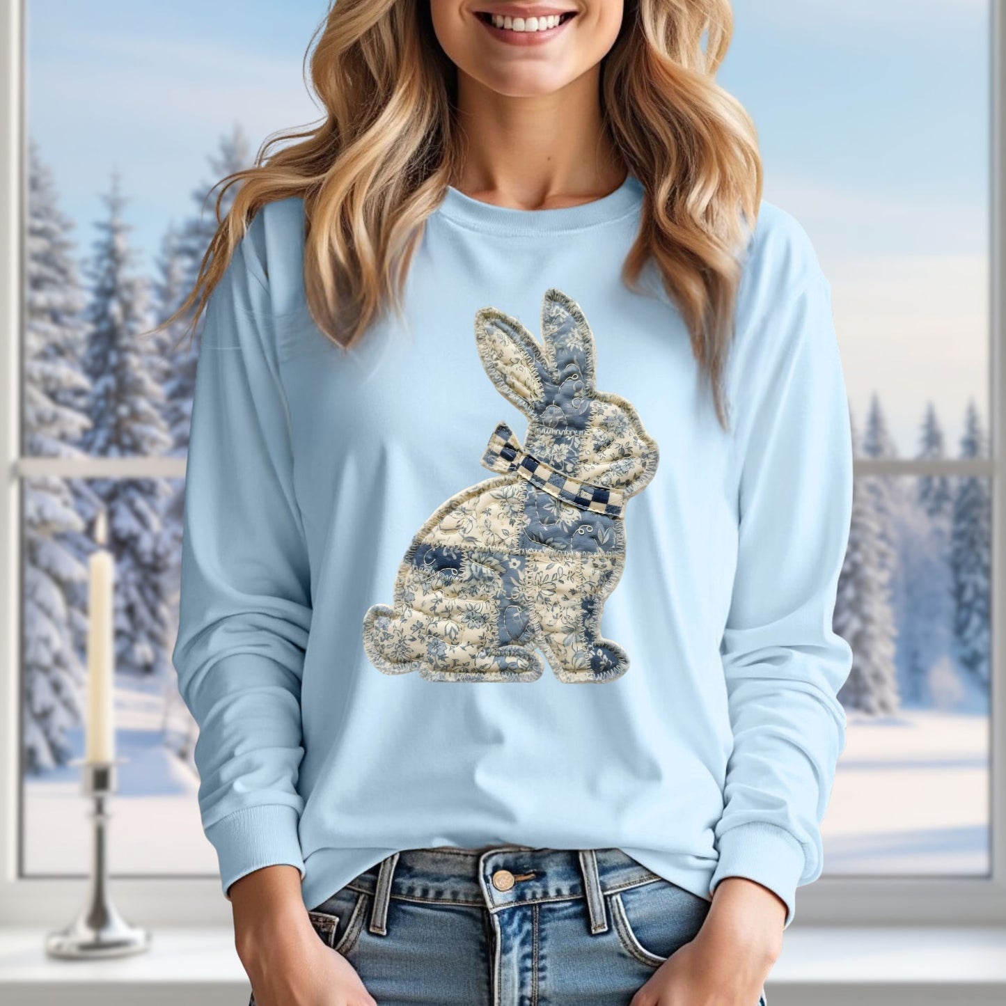 Faux Patchwork Country Bunny Long Sleeve Tee