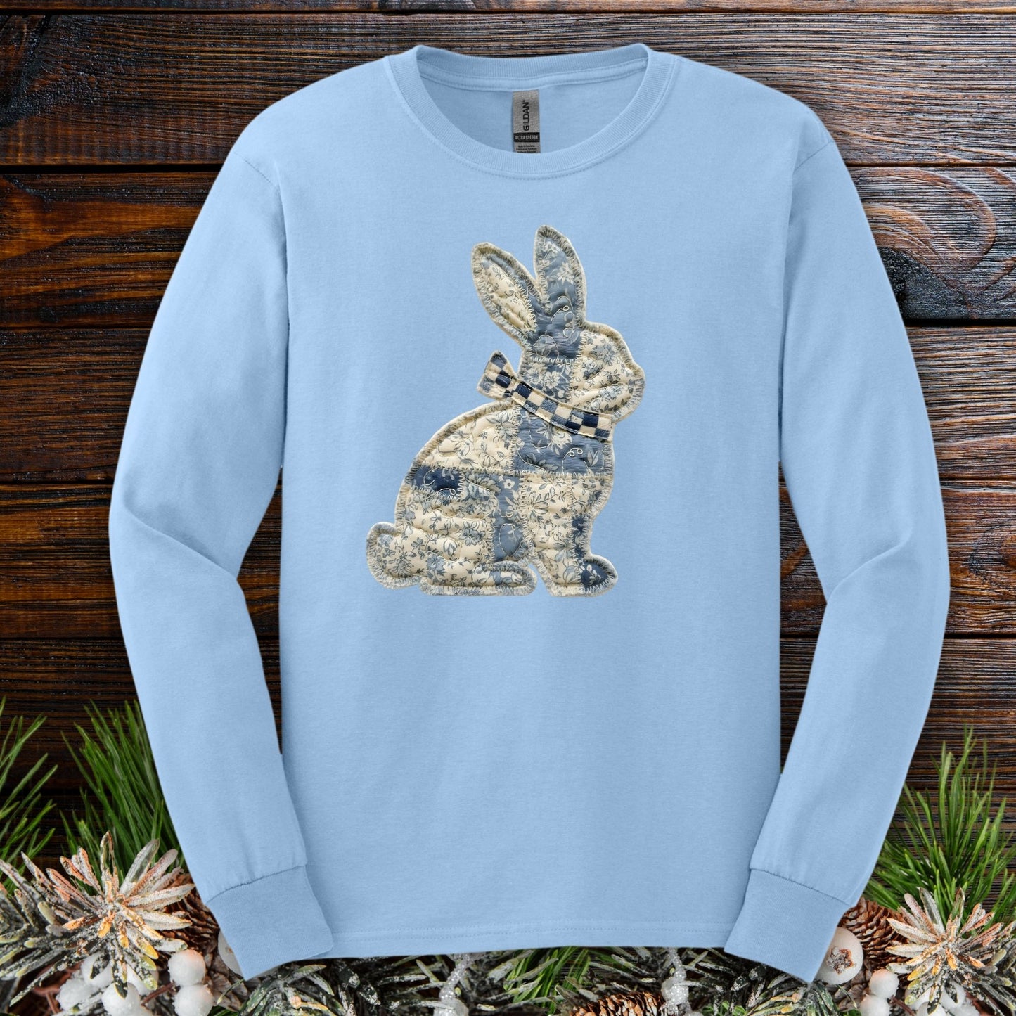 Faux Patchwork Country Bunny Long Sleeve Tee