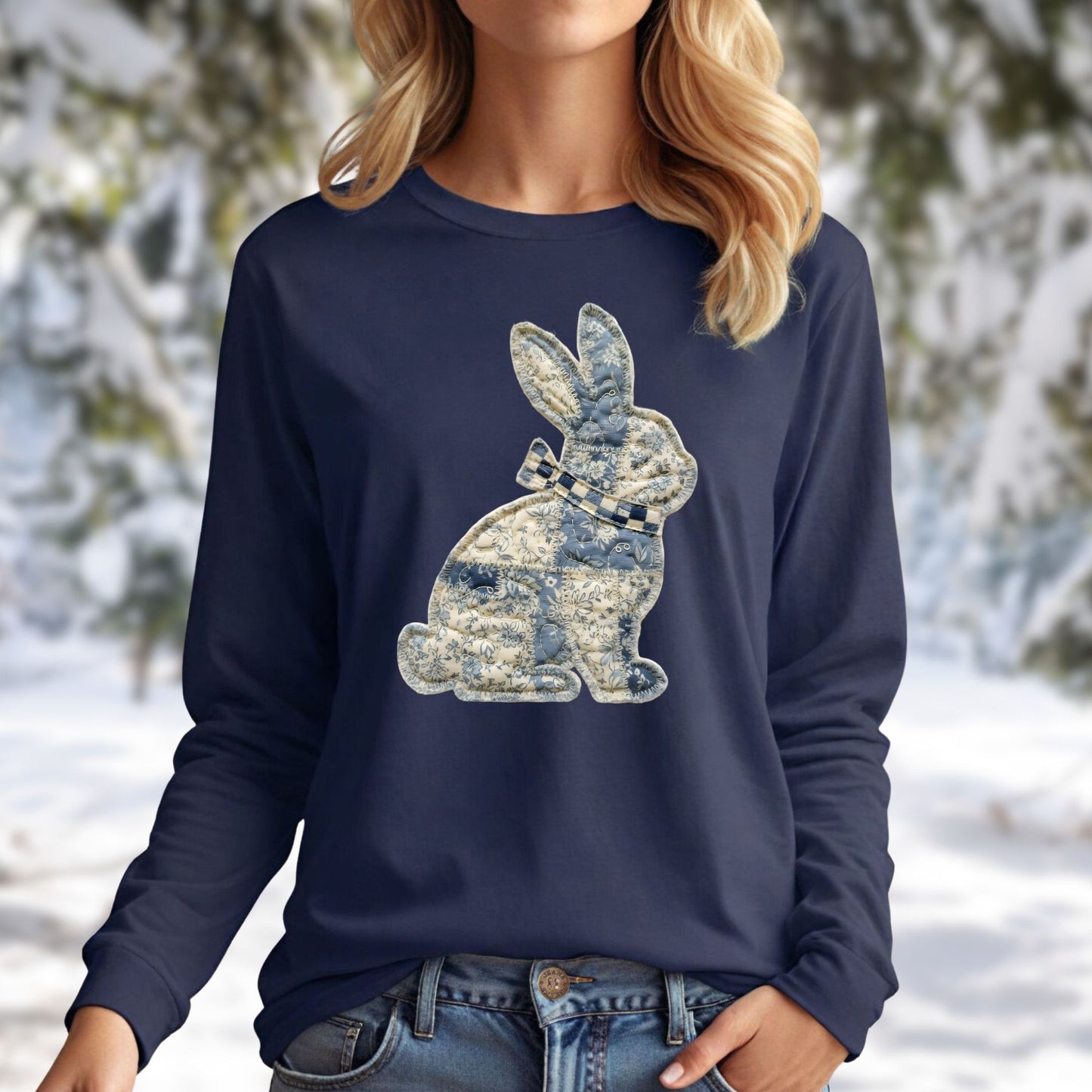 Faux Patchwork Country Bunny Long Sleeve Tee