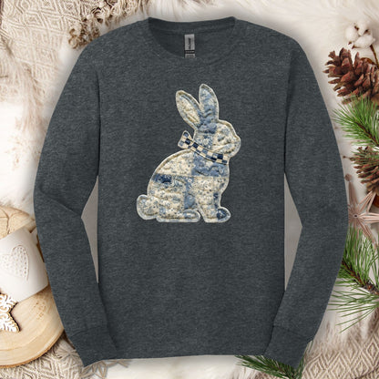 Dark Heather long sleeve tee with a printed blue and white faux patchwork country bunny design.
