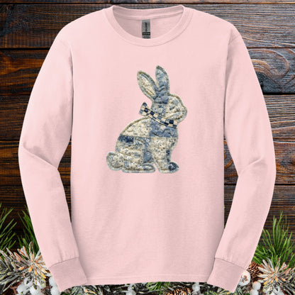 Light pink long-sleeve tee with a faux patchwork blue and white country bunny design.