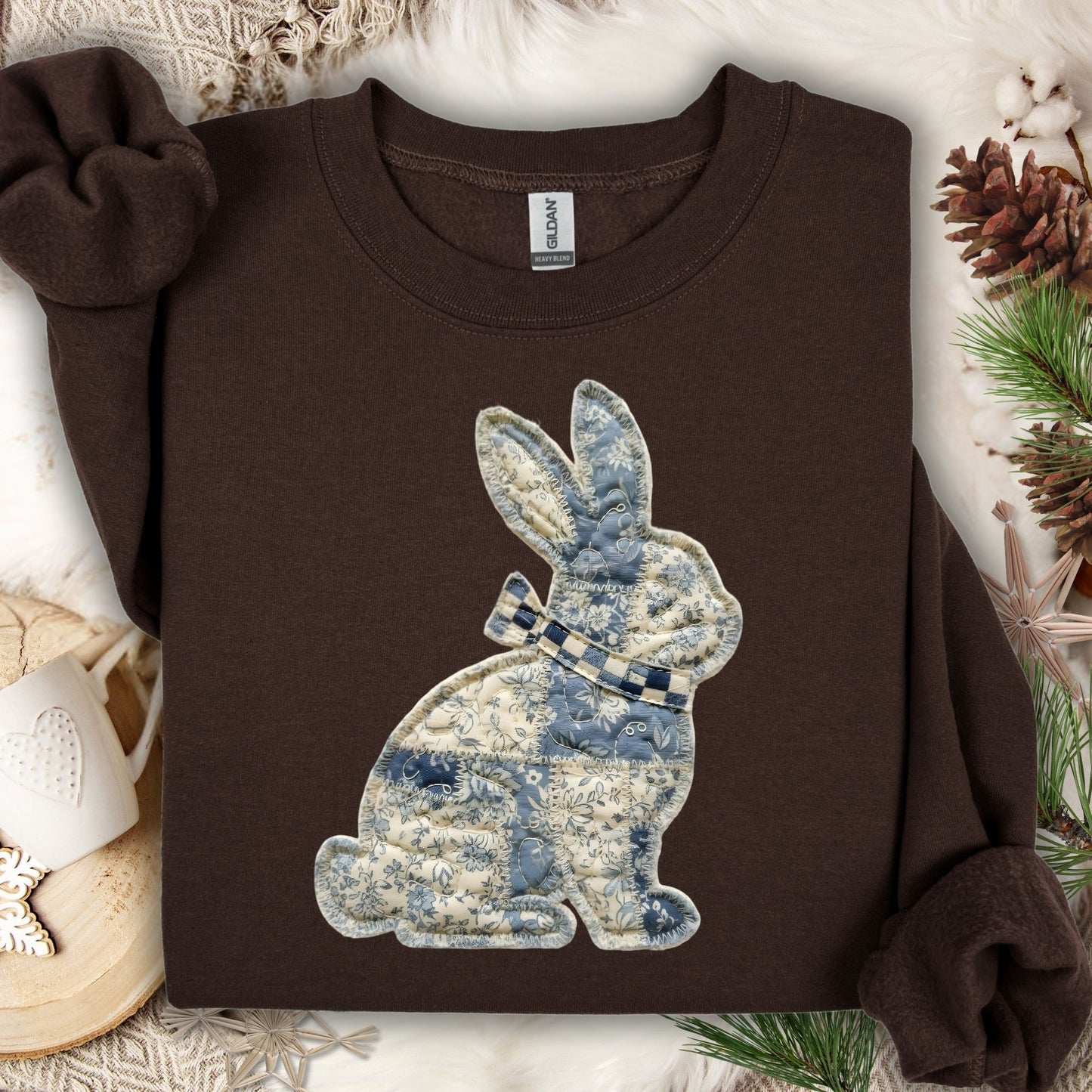 Dark Chocolate Faux Patchwork Country Bunny Sweatshirt, S, with blue and white quilted bunny design.