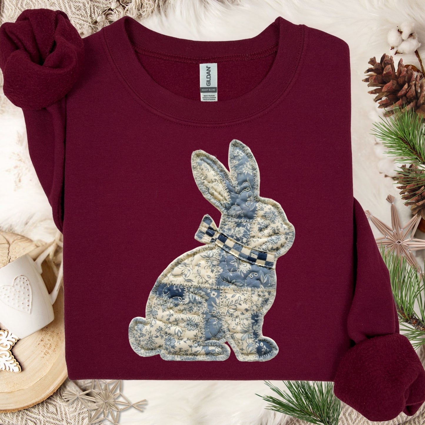 Maroon Faux Patchwork Country Bunny Sweatshirt with blue and white floral bunny design.