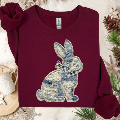Maroon Faux Patchwork Country Bunny Sweatshirt with blue and white floral bunny design.