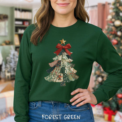 Faux Patchwork Country Christmas Tree Long Sleeve Tee