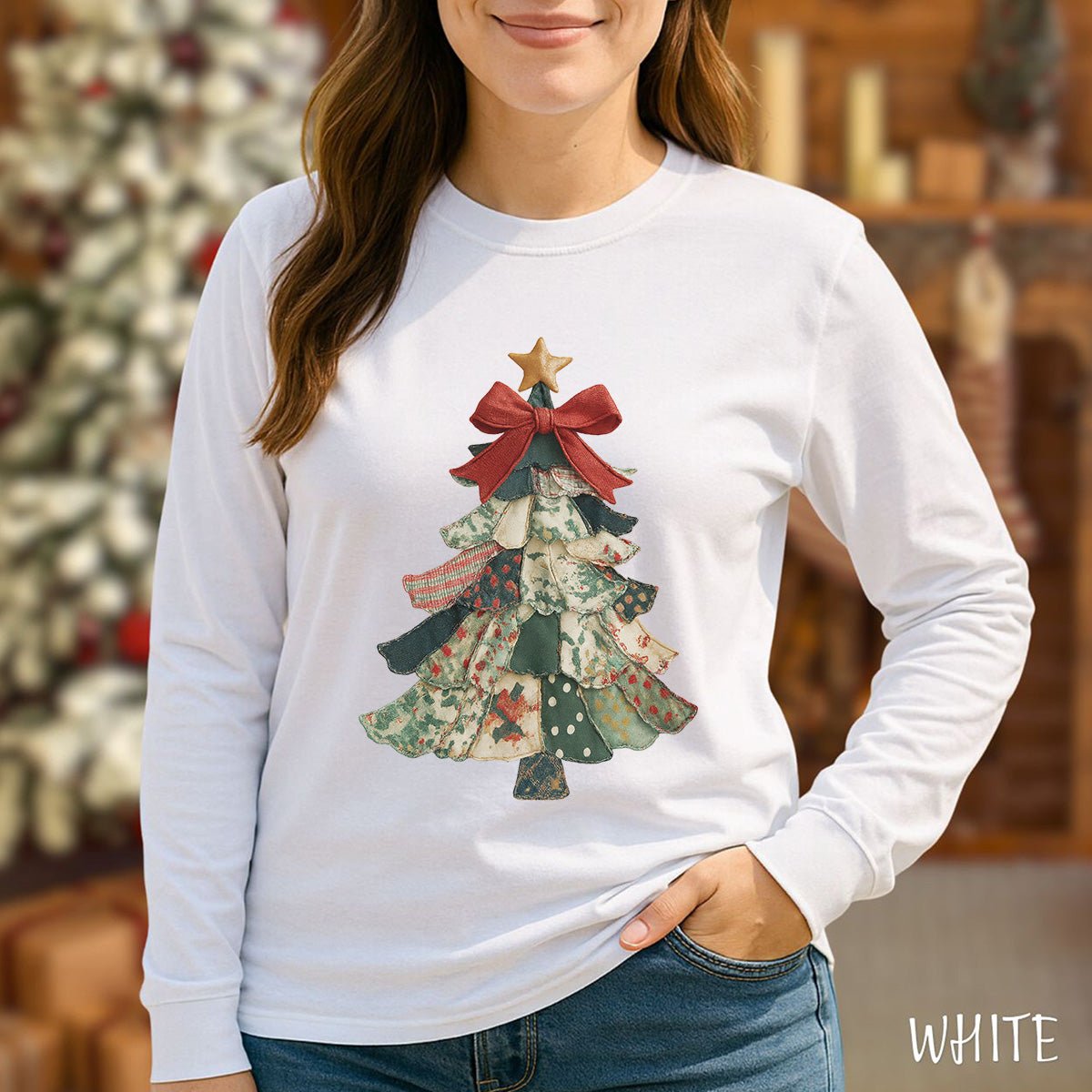 Faux Patchwork Country Christmas Tree Long Sleeve Tee