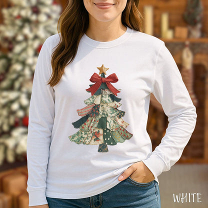 Faux Patchwork Country Christmas Tree Long Sleeve Tee