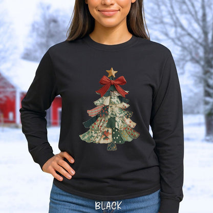 Faux Patchwork Country Christmas Tree Long Sleeve Tee