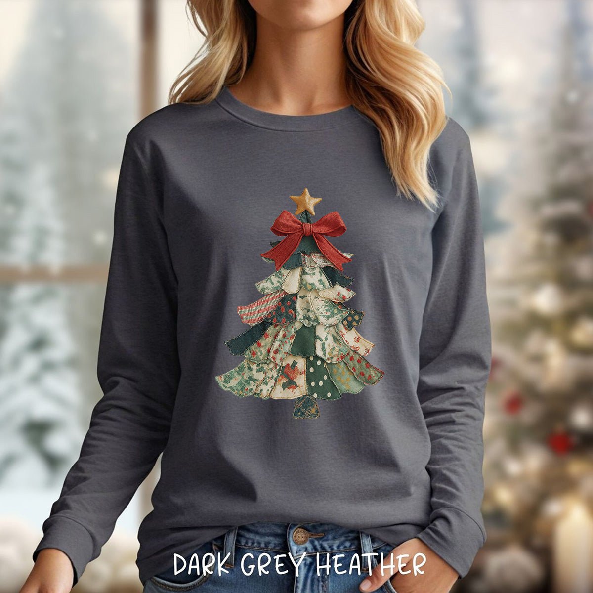 Faux Patchwork Country Christmas Tree Long Sleeve Tee