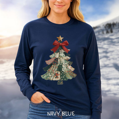 Faux Patchwork Country Christmas Tree Long Sleeve Tee