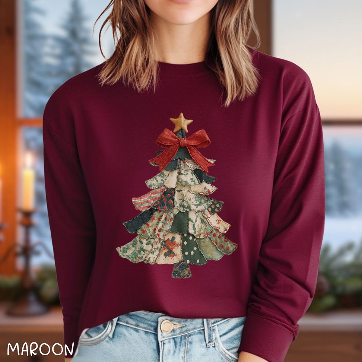 Faux Patchwork Country Christmas Tree Long Sleeve Tee