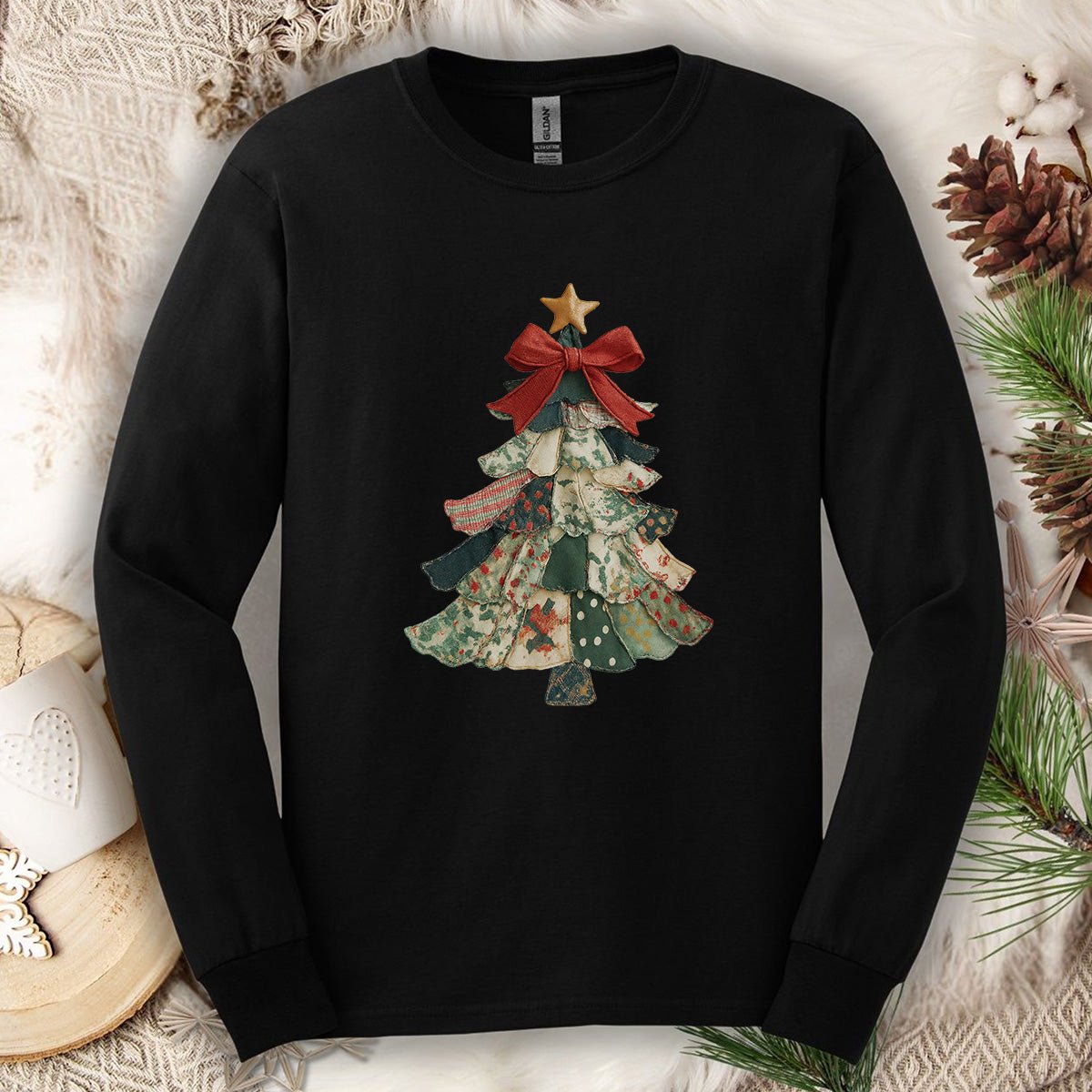 Faux Patchwork Country Christmas Tree Long Sleeve Tee