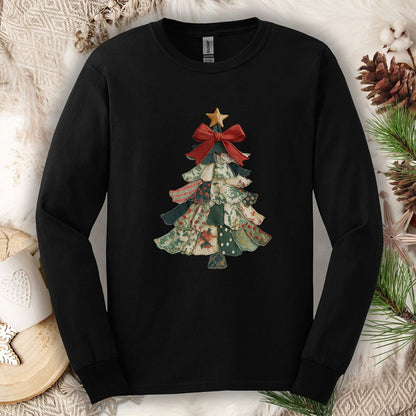 Faux Patchwork Country Christmas Tree Long Sleeve Tee