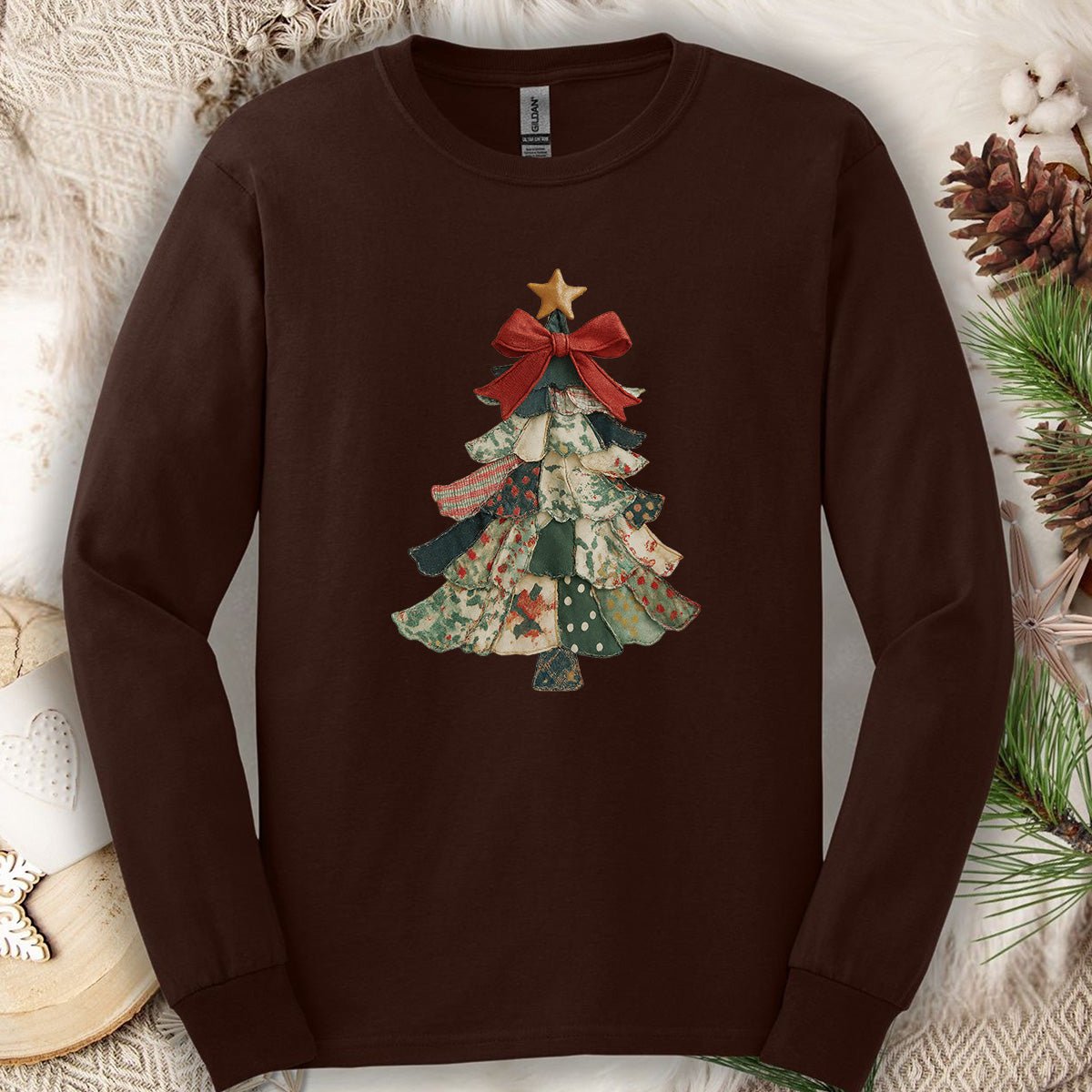 Faux Patchwork Country Christmas Tree Long Sleeve Tee