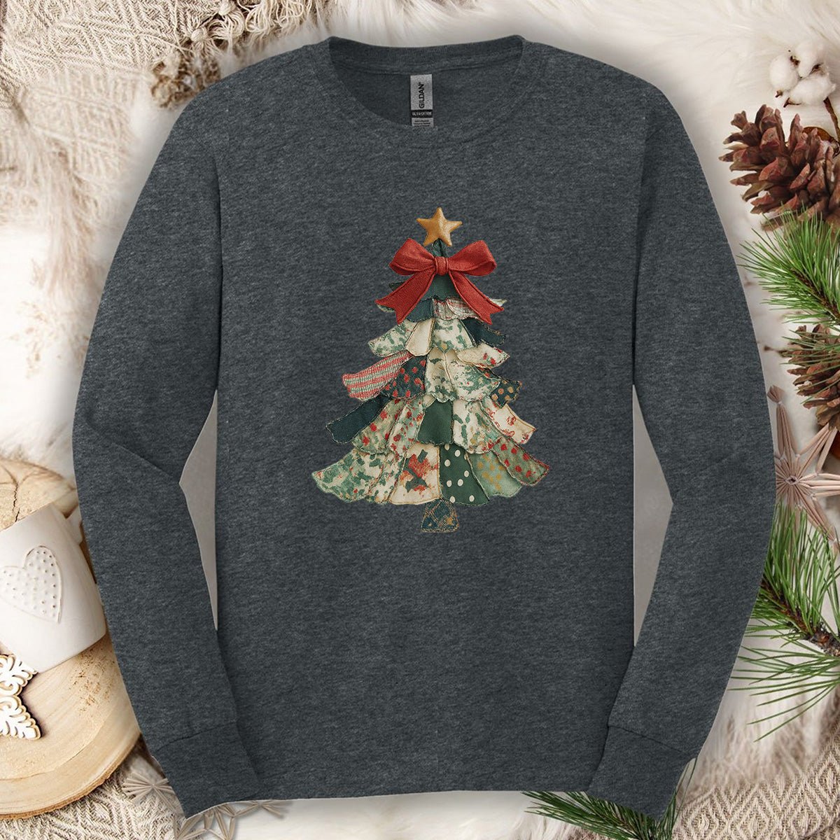 Faux Patchwork Country Christmas Tree Long Sleeve Tee