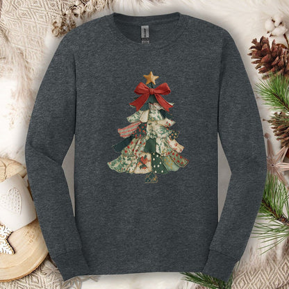 Faux Patchwork Country Christmas Tree Long Sleeve Tee
