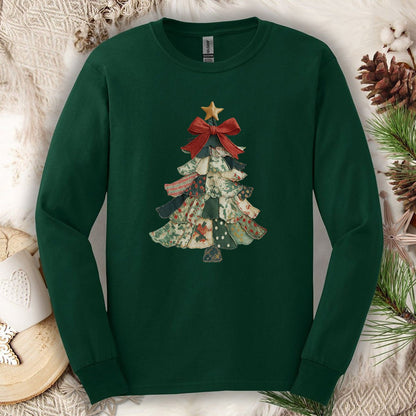 Faux Patchwork Country Christmas Tree Long Sleeve Tee