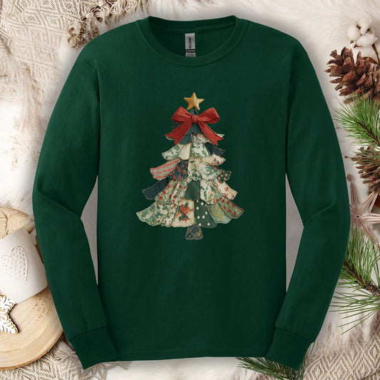 Faux Patchwork Country Christmas Tree Long Sleeve Tee
